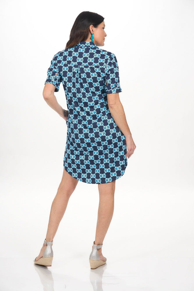 Back image of lulu b short sleeve dress with collar and pockets. 