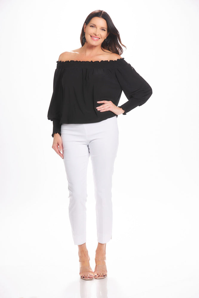 Front image of Shana off the shoulder elastic cuff top. Black long sleeve top. 