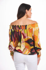 Back image of Last Tango off the shoulder elastic cuff top. Printed top for a night out. 