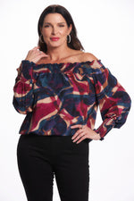 Front image of Last Tango navy multi off the shoulder top. Date night out top. 