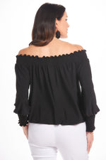 Back image of Shana off the shoulder elastic cuff top. Black long sleeve top. 