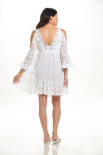 Back image of la moda white open shoulder dress. 