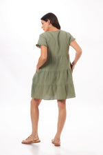 Back image of Olive Green button front ruffle dress. Short sleeve summer dress. 