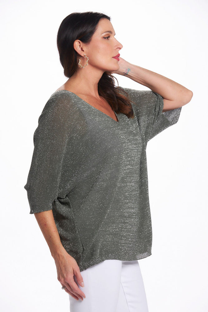 Side image of gigi moda olive green shimmer top. Made in Italy green shimmer top. 