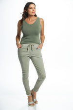 Front image of look mode raw edge tank top. Olive green basic sleeveless top. 
