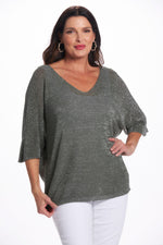 Front image of gigi moda olive green shimmer top. Made in Italy green shimmer top. 
