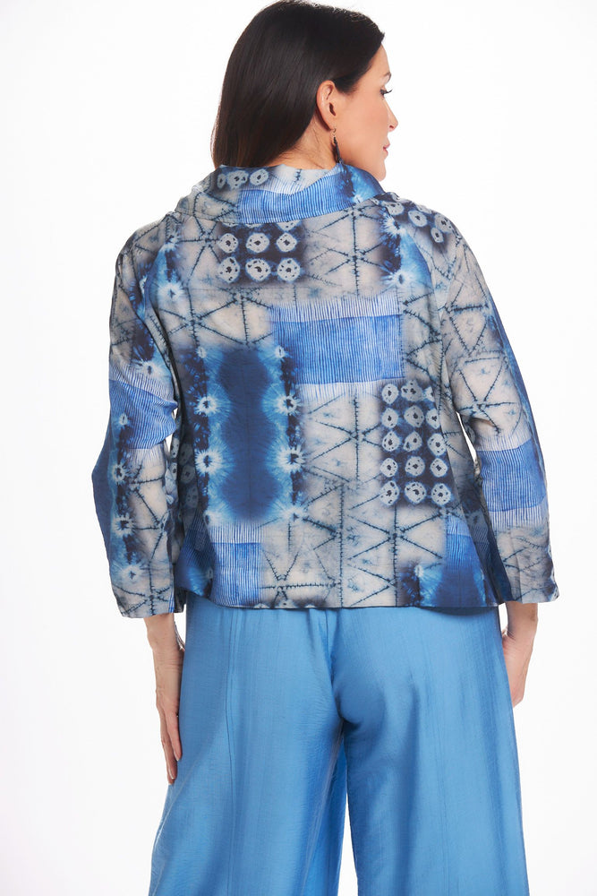 Back image of Shana short printed crushed jacket. 3/4 sleeve blue printed top. 