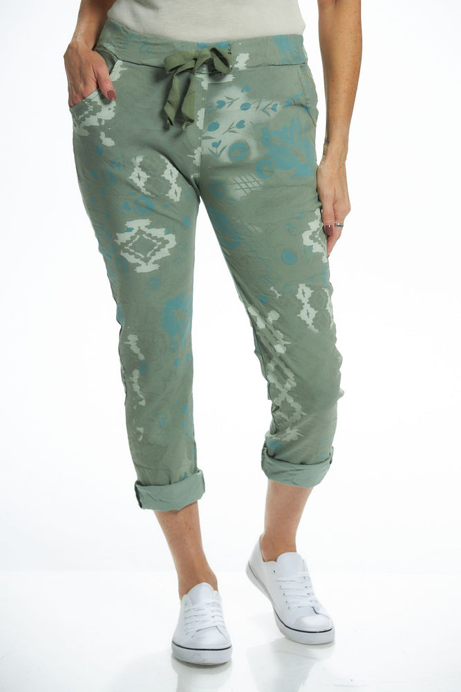 Pull on heart printed pants in olive. Made in italy one sized pant. 