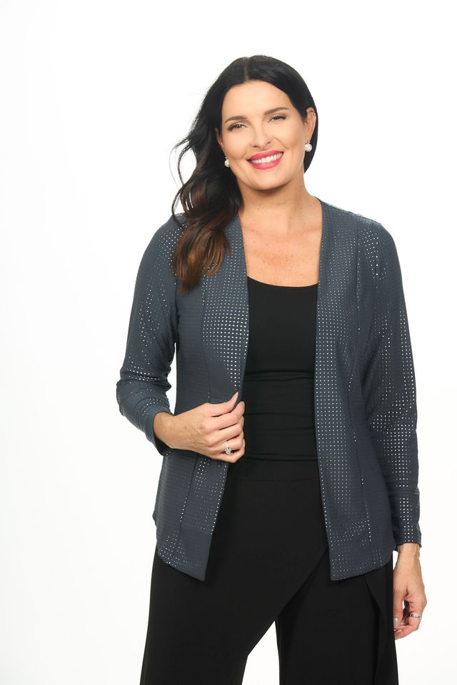 Front image of smoked pearl cardigan