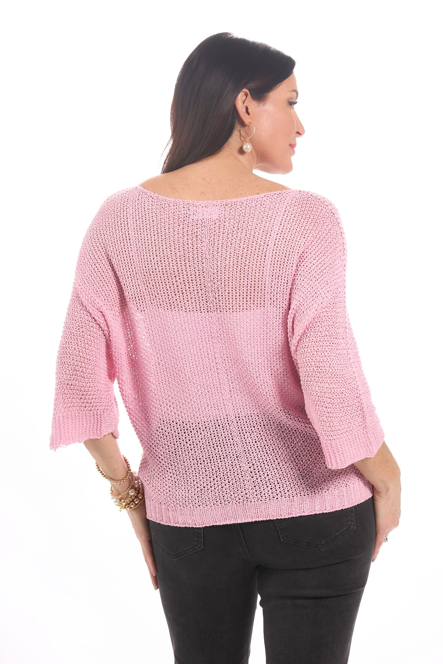 Back image of M Made in Italy blush pink open knit sweater. 