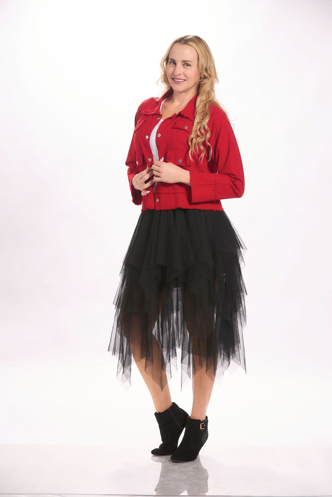 Front image of black tulle skirt by origami. 