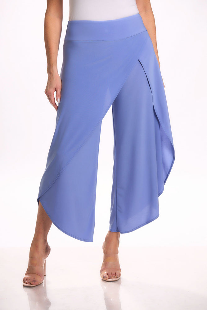Front image of periwinkle wrap pants. Pull on pants by Mimozza. 