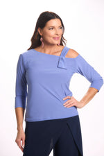 Front image of Mimozza one shoulder top. Peri solid blue top. 