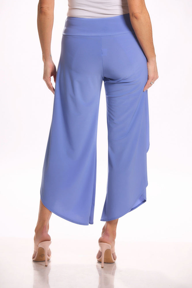 Back image of periwinkle wrap pants. Pull on pants by Mimozza. 