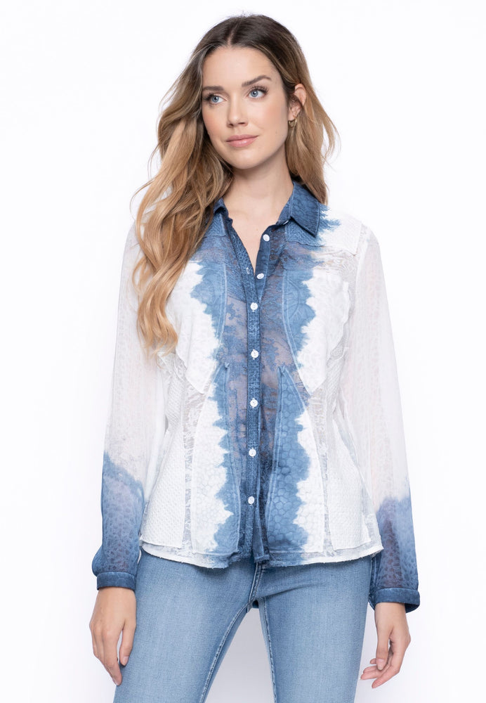 Front image of Picadilly custom dyed long sleeve top. Denim and white button front top. 