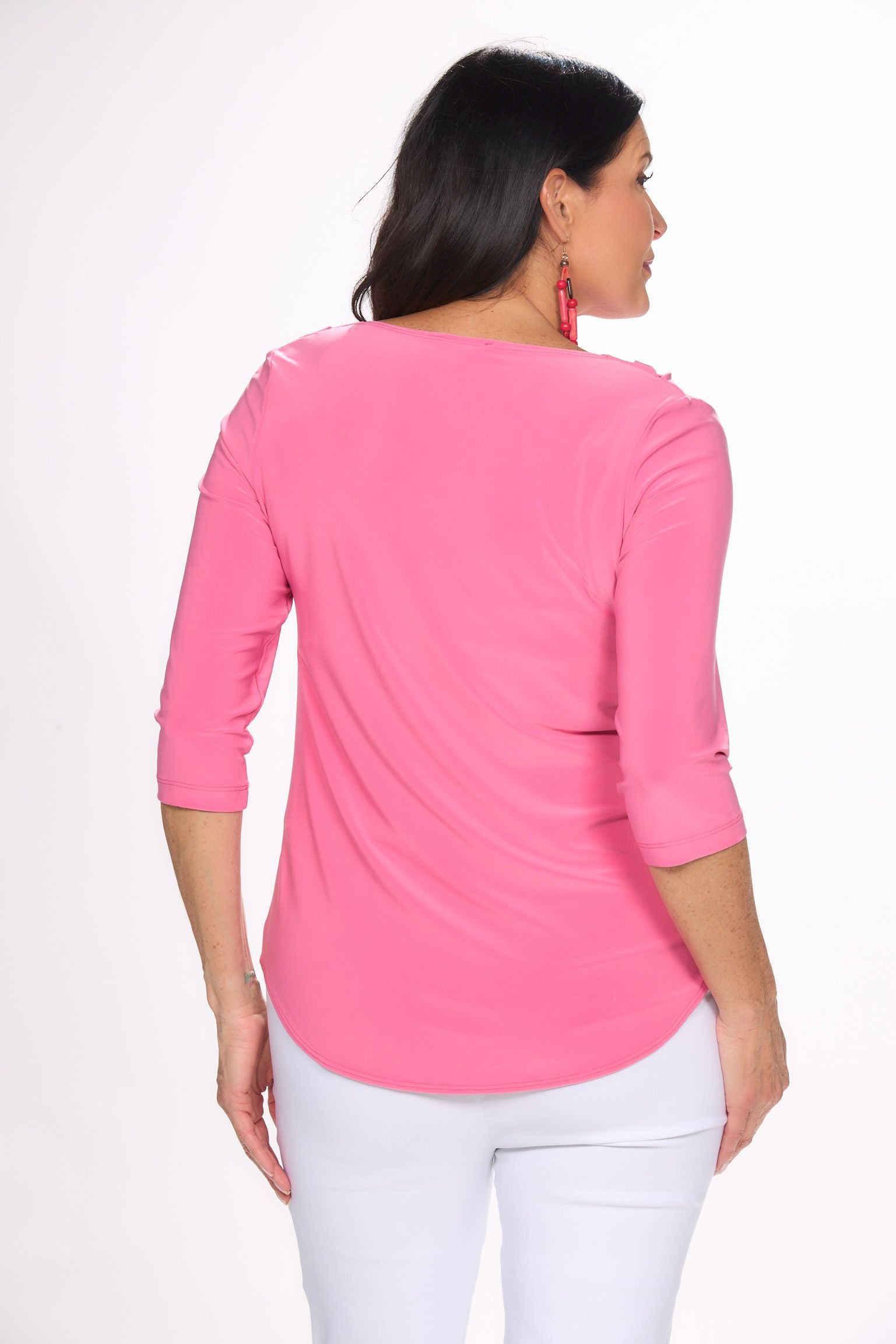 Back image of light rose picadilly cowl neck top.