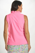 Back image of Shana sleeveless ruffle neck top. Pink resort wear tank top. 