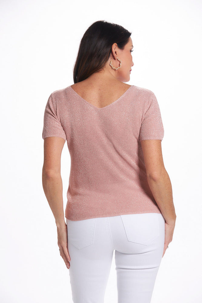 Back image of look mode pink shimmer short sleeve sweater. Pink shimmer. 