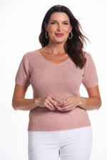 Front image of look mode pink shimmer short sleeve sweater. Pink shimmer. 