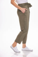 Side image of pintuck waist tie pants in dusty olive. Pull on athleisure pants. 