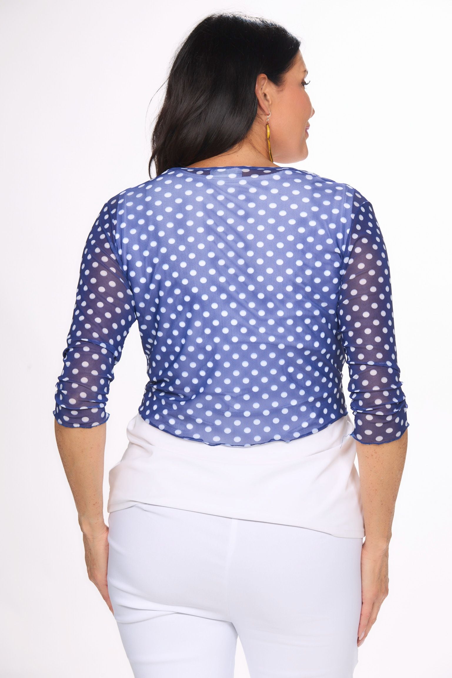 Back image of navy and white polka dot sheer shawl.