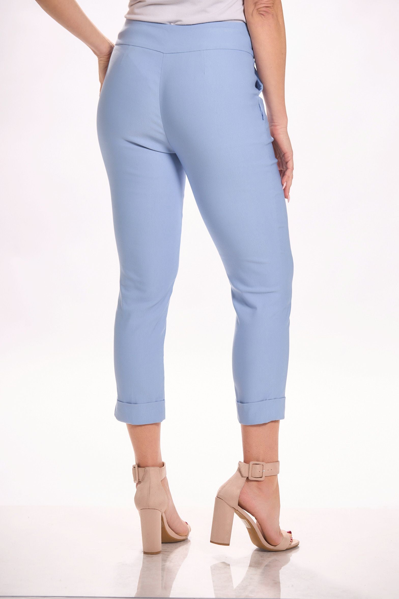 Back image of Tribal pull on capri in powder blue. Rolled hem capri bottoms. 