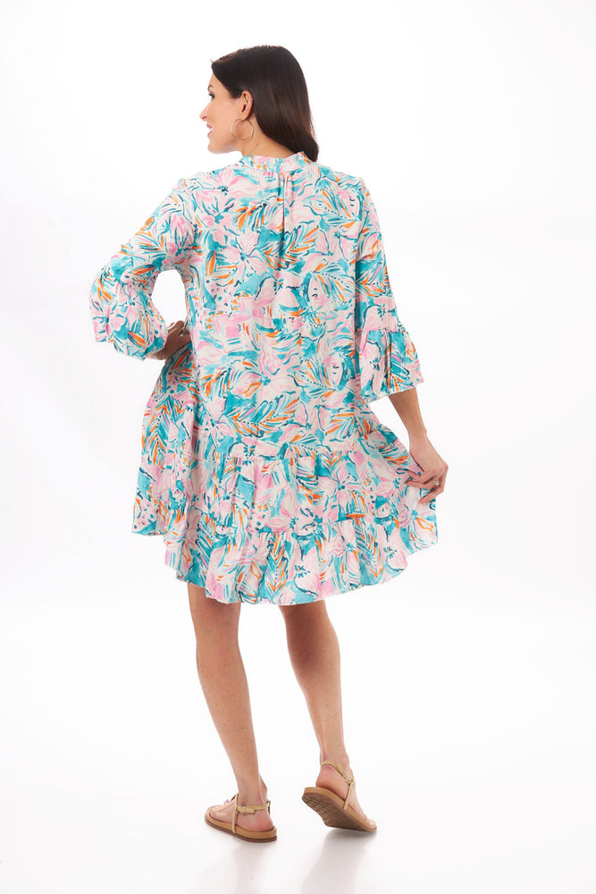 Back image of Aqua Floral printed dress. Look mode made in italy printed summer dress. 