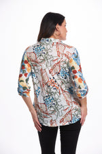 Back image of Cubism roll sleeve printed crinkle shirt. Button front roll sleeve top. 