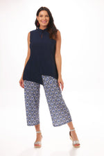 Front image of pull on gaucho pant. Made in the USA blue printed pull on capri. 
