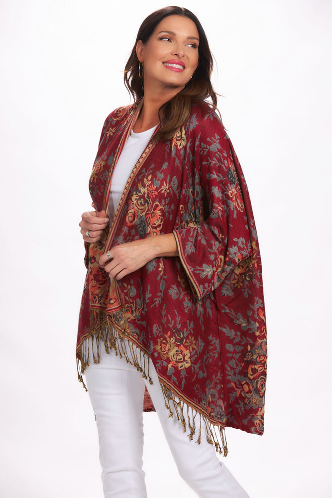Front image of London Chic Kimono. Red floral printed top. 