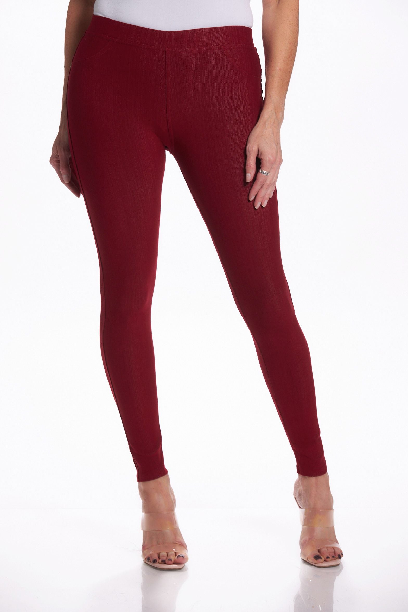 Front image of burgundy ankle denim leggings. Denim pull on leggings. 