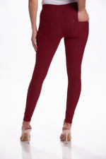 Back image of burgundy ankle denim leggings. Denim pull on leggings. 