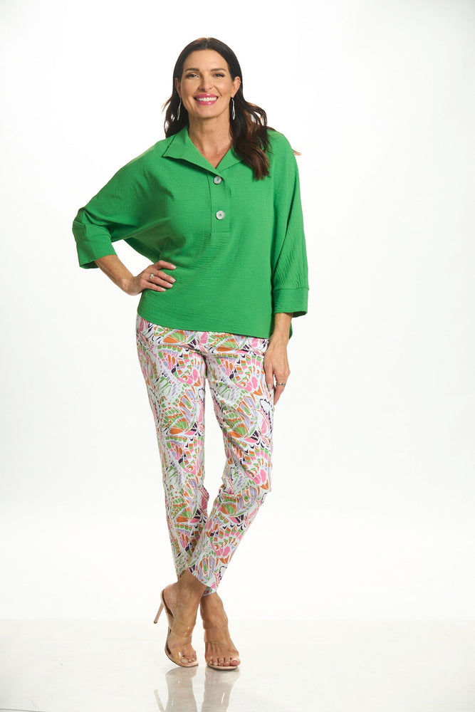 Front image of Up! pull on petal ankle pants. Multi print pants. 
