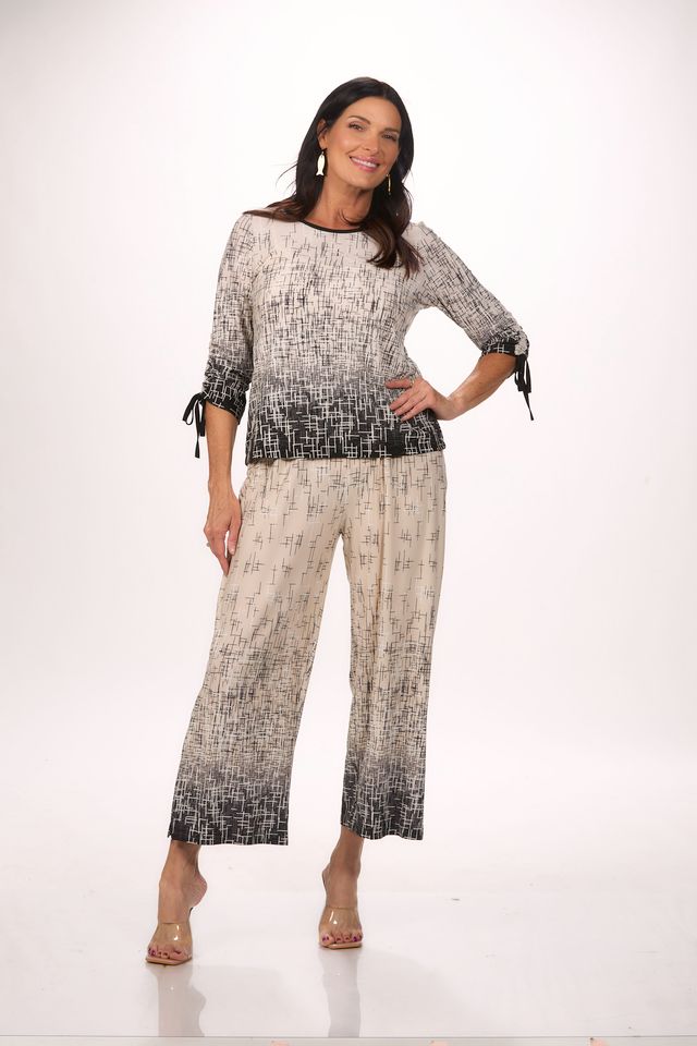 Front image of Picadilly rouche arm printed khaki top.