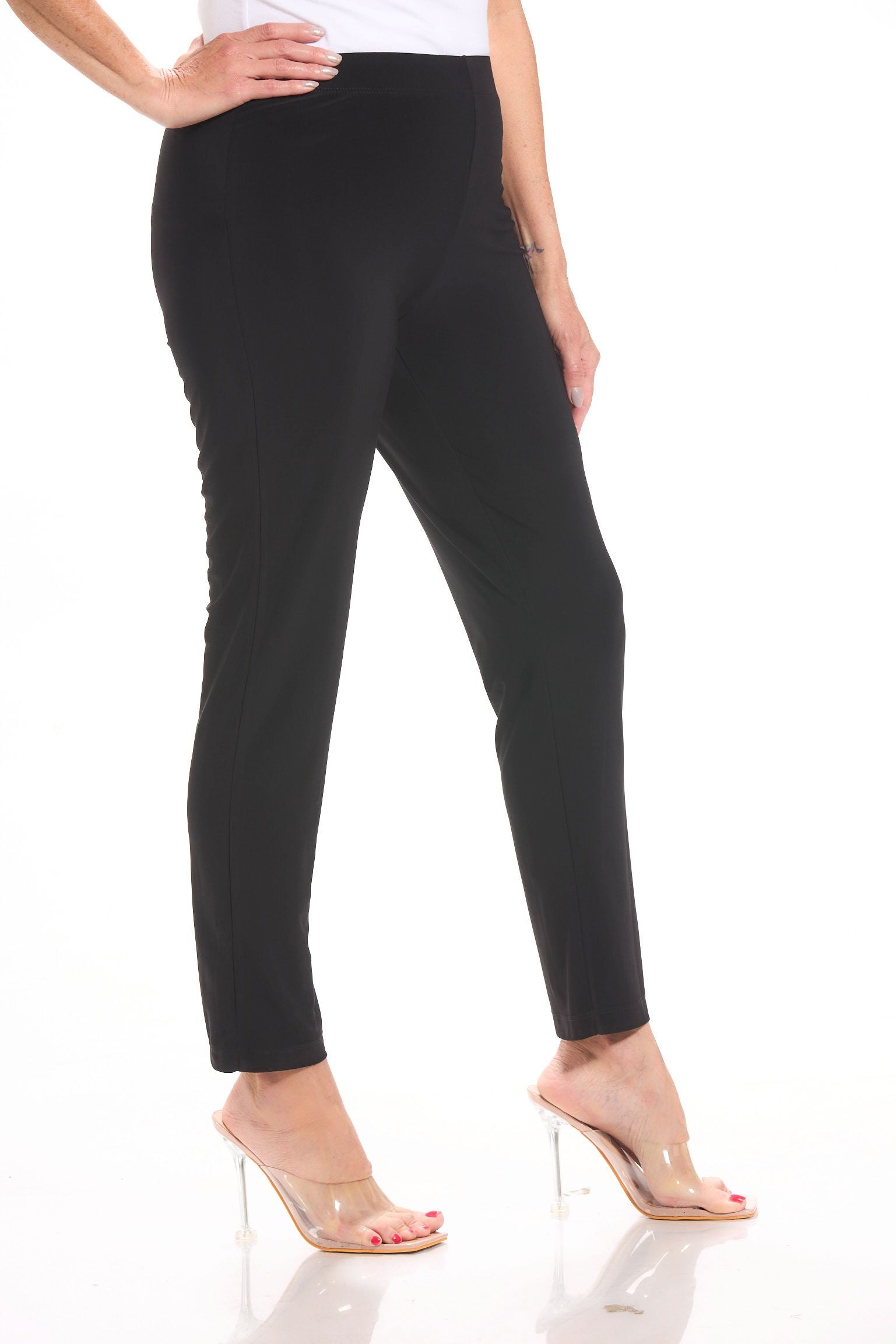 Side image of Picadilly pull on straight leg black pants.