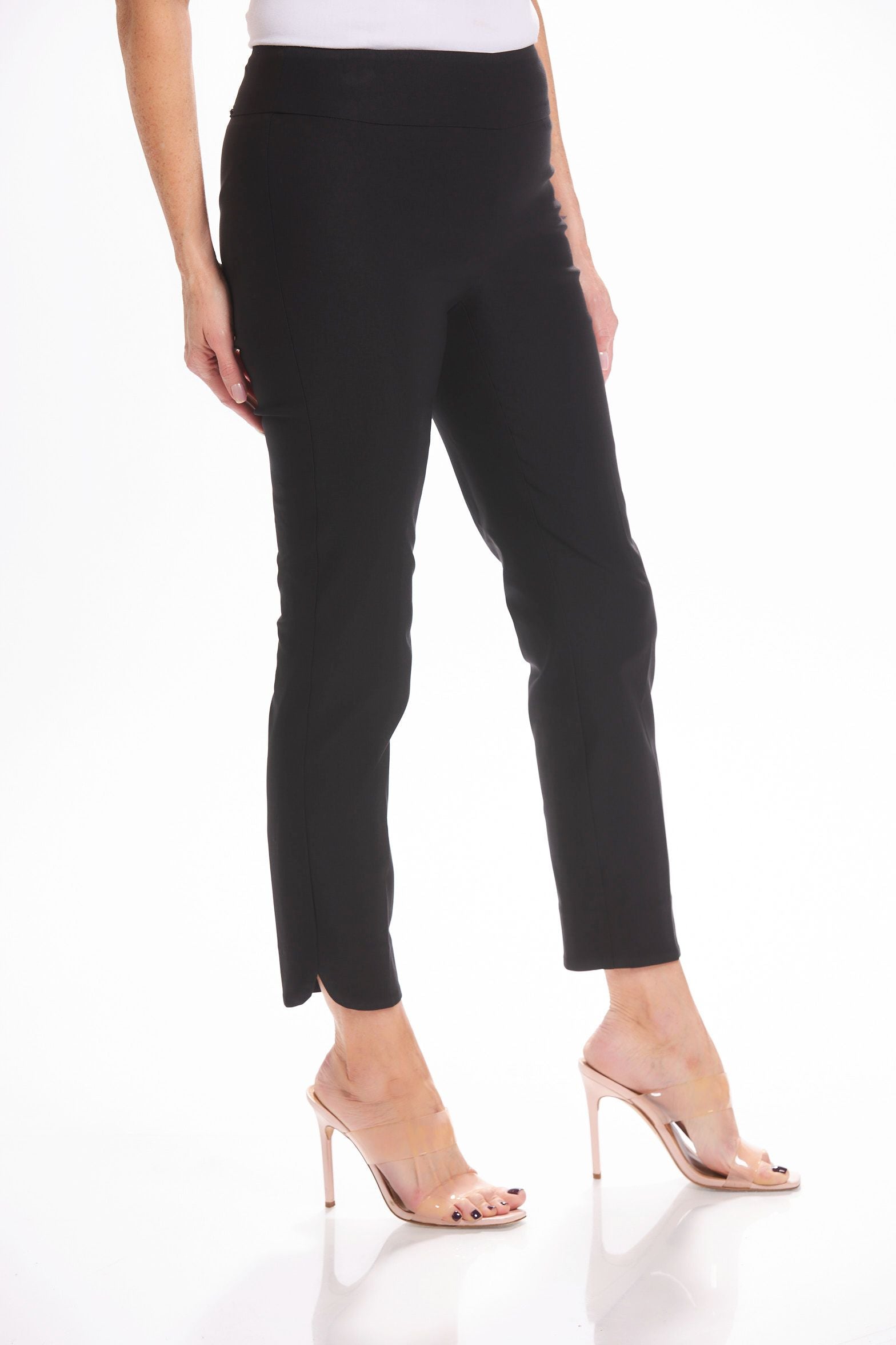 Side image of UP! petal leg ankle pant. Pull on basic pants. 