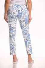 Back image of Lisette printed ankle pants. Blue coral pull on pants. 