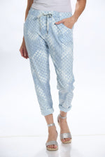 Front image of Made in Italy blue printed cargo pants. 