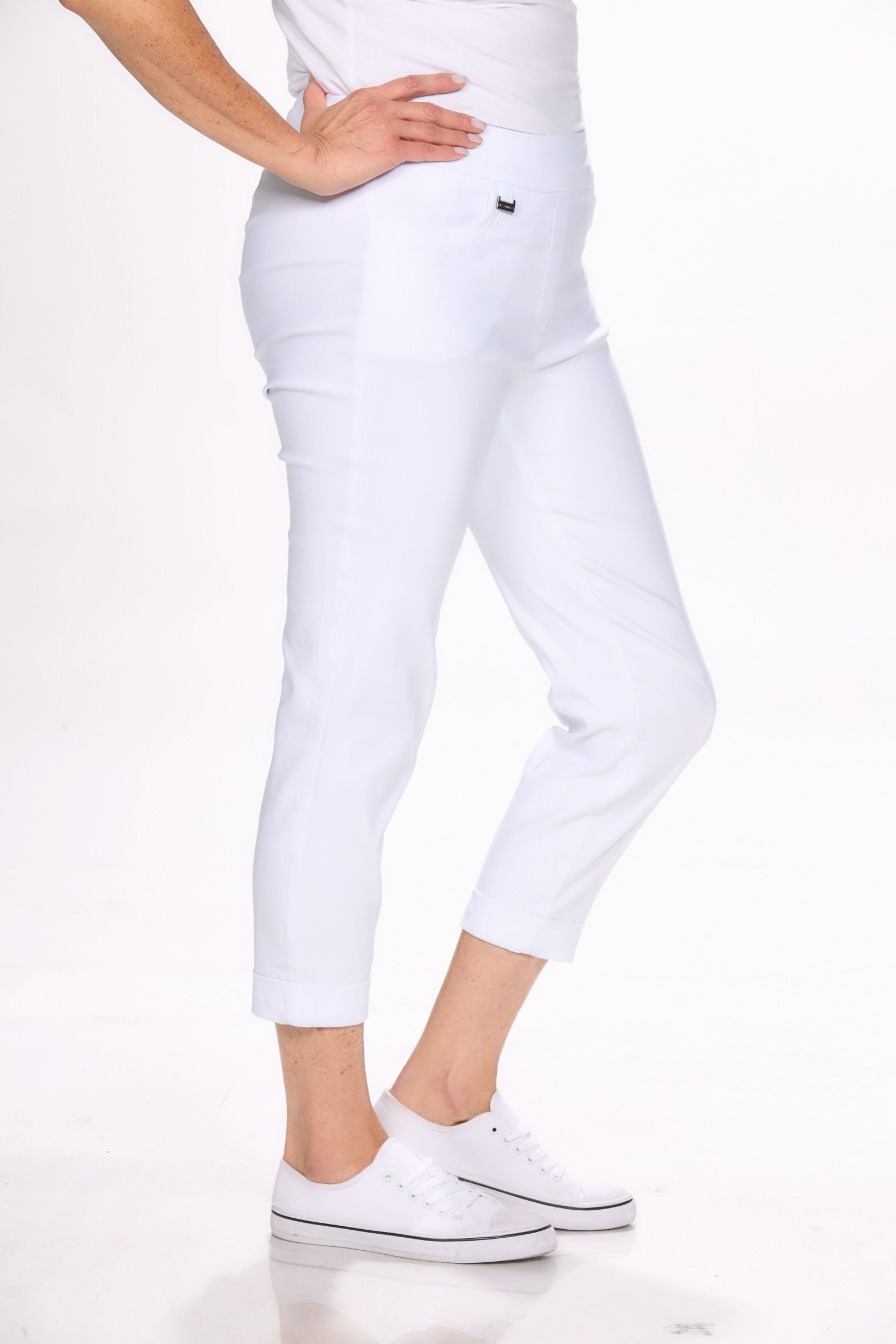 Side image of Picadilly white pull on capri bottoms.
