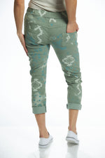 Back image of pull on heart printed pants in olive. Made in italy one sized pant. 
