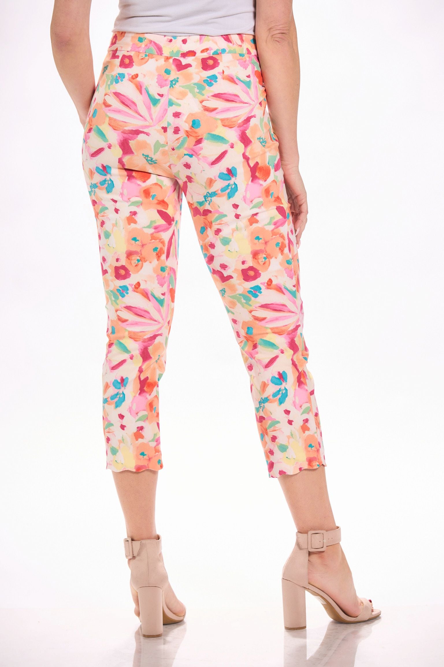 Back image of Pull on hi-pink printed capri. Tribal capri bottoms. 
