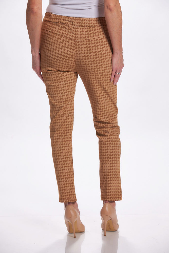 Back image of camel houndstooth printed pants. Made in italy pull on pants. 