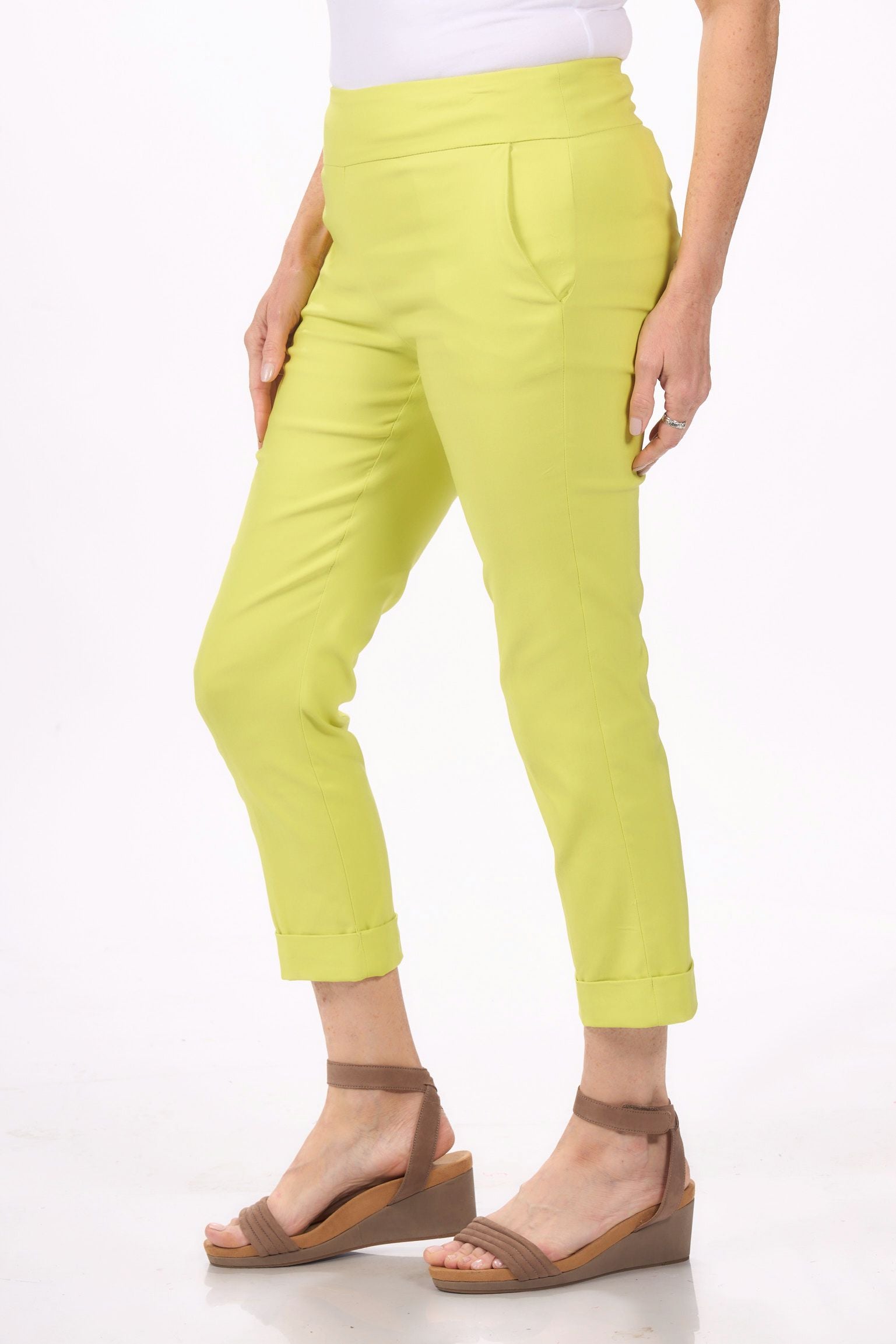 Side image of Tribal pull on limeade capri bottom.