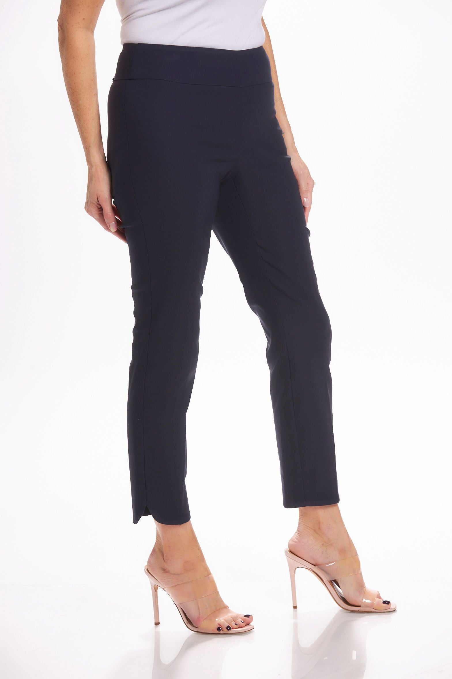 Side image of navy Petal Leg Ankle Pants. Pull on basic pants. 