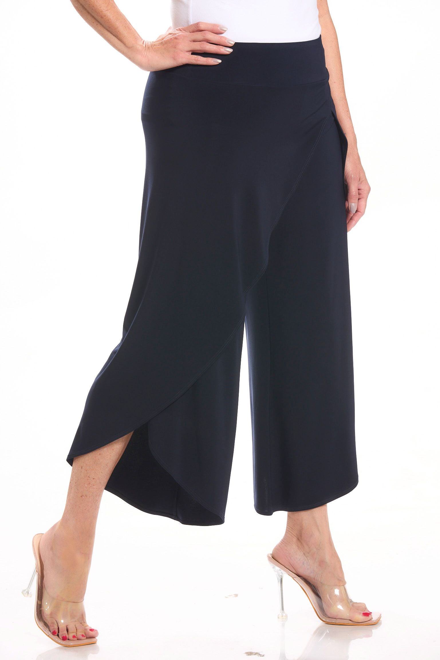 Side image of navy pull on wrap pant.