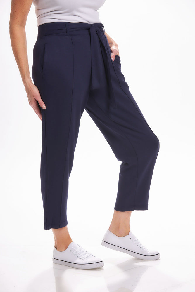 Front image of Nanette pintuck waist tie pants. Navy solid pants. 