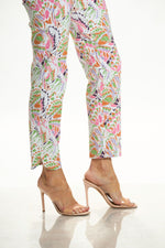 Side detail image of Up! pull on petal ankle pants. Multi print pants. 