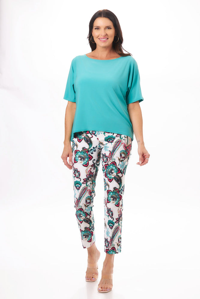 Front oufit image of Lisette pull on printed ankle pants. Ivory printed pants. 
