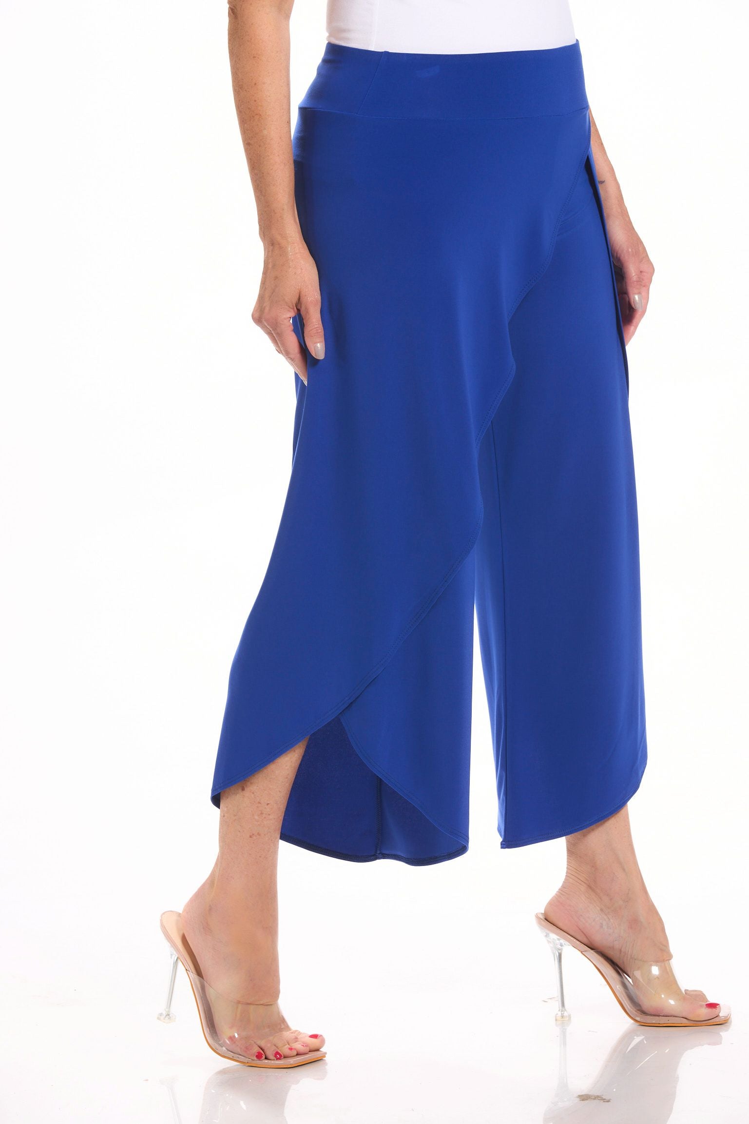 Side image of Picadilly pull on wrap pant in royal blue.