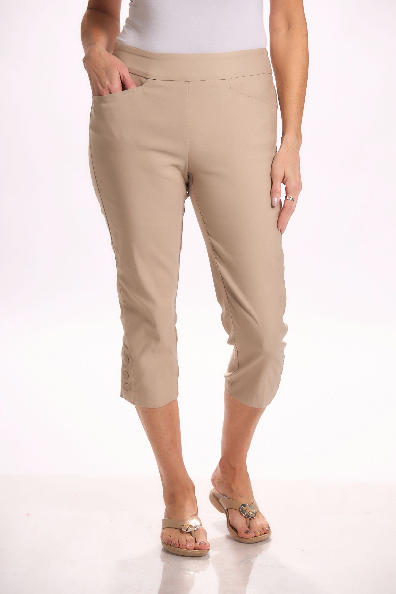 Front image of Tribal sahara tan snap capri bottoms. 